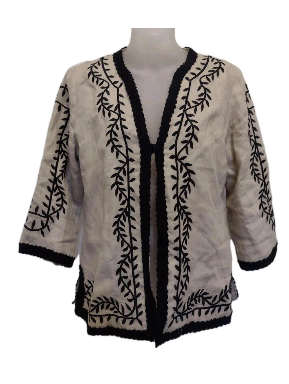 Linea Louis Dell’Olio Linen Embroidered Jacket XS Black Trim Satin Lined